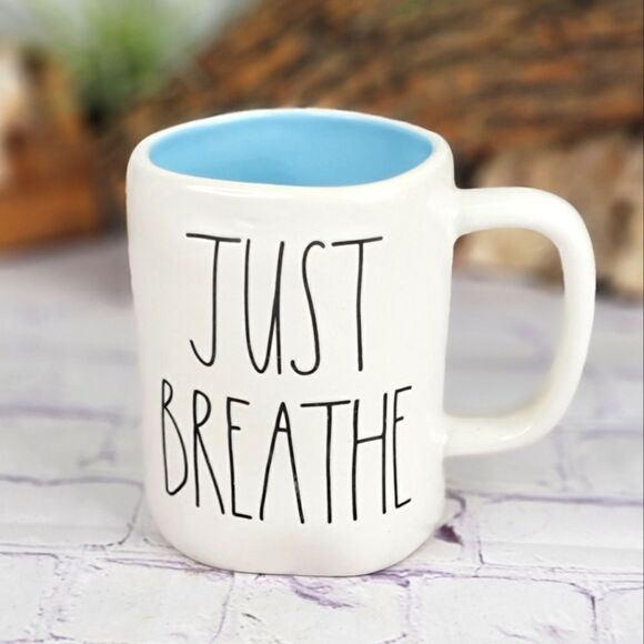 Rae Dunn JUST BREATHE White/Blue Ceramic Mug - Picture 1 of 6
